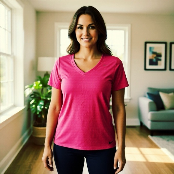 *30off3* Nike Women's Dri-FIT V-Neck T-Shirt Pink Short Sleeve Athletic Cut - Picture 1 of 6